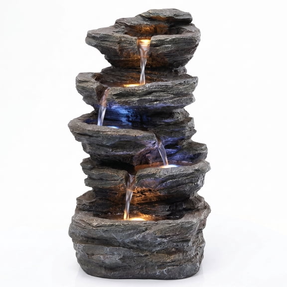 Limthesky 19.7"H 5 Tiered Cascading Rock Water Fountain Water Fall Fountains with LED Lights for Patio Deck Backyard Balcony