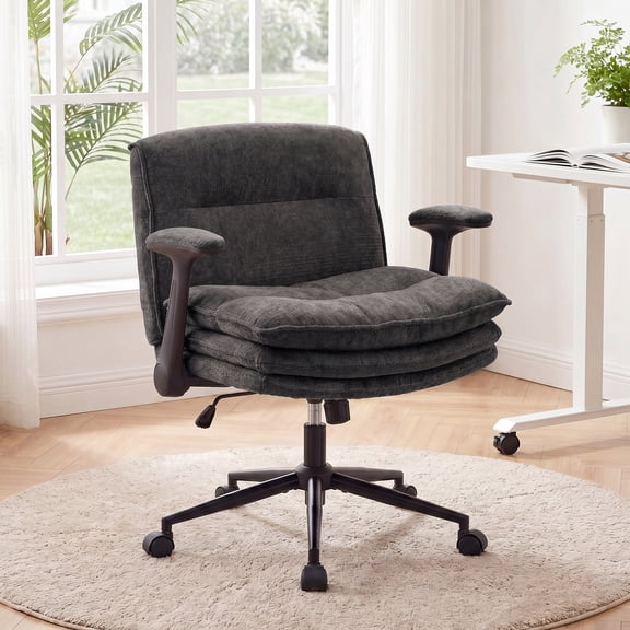 Limthesky Criss Cross Chair with Flip-Up Arms and Wheels,Comfy Swivel Office Desk Chair with Thick Cushion, Height Adjustable Fabric Cross Legged Chair for Home Office,Gray