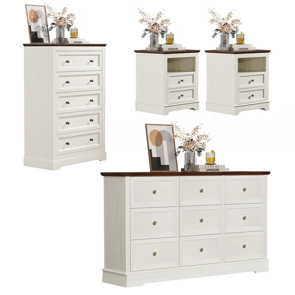 Limthesky Dresser and Nightstand set,4 Piece Bedroom Furniture Set, Include 9 Drawer ,5 Drawer Dresser & 2 Nightstands with Charging Station, Wood Chest with Anti-Tip Kit, White