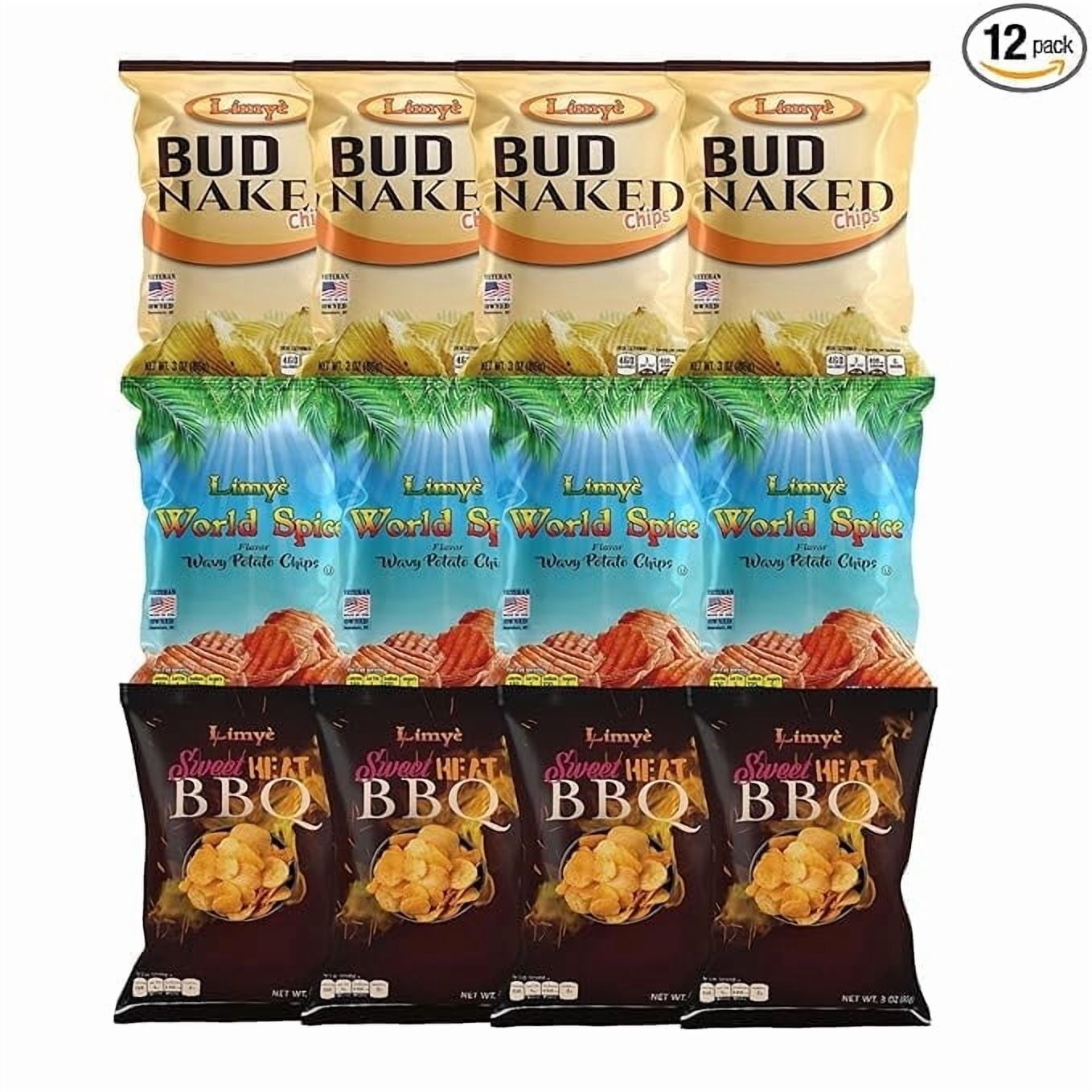 Limyè Potato Chips Variety Pack - Bud Naked, World Spice, Sweet Heat BBQ Flavors - Kosher Certified, Allergen-Free, Vegan, Gluten-Free, Combo Pack of 3 Flavors 3 Oz, 12 Pack