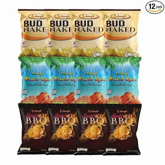 Limy Potato Chips Variety Pack - Bud Naked, World Spice, Sweet Heat BBQ Flavors - Kosher Certified, Allergen-Free, Vegan, Gluten-Free, Combo Pack of 3 Flavors 3 Oz, 12 Pack