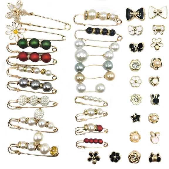 LinHiver 40-Piece Safety Pin, Faux Pearl Brooch, and Cover Up Button Accessory Set