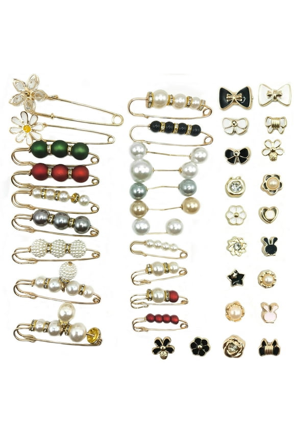 40-Piece Safety Pin, Faux Pearl Brooch, and Cover Up Button Accessory Set