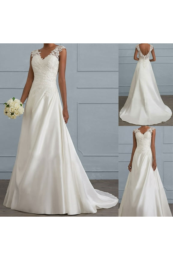 Fall Dresses for Women 2024 Women Fashion Solid Lace Patchwork Sleeveless Party Long V-Neck Cocktail Dress Long Wedding Guest Dresses for Women White M