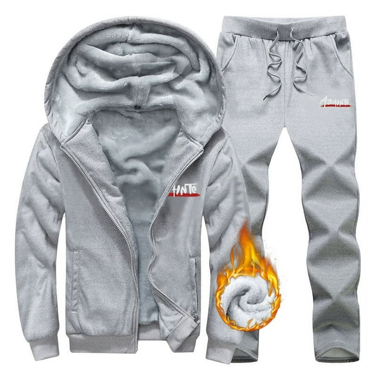 LinJis Men Set 2 Piece Outfits Men s Casual Coat Pant Set Letter Print Two Plush Hooded Pocket Coat Drawstring Solid Warm Pants Set Mens Color Matching Workout Sets Grey L Walmart
