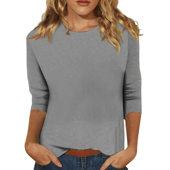 LinJis Women Tops Women's Solid Color Round Neck Slim Seven Point Sleeve T Shirt Top 3/4 Length Sleeve Business Casual Tops for Women Grey M