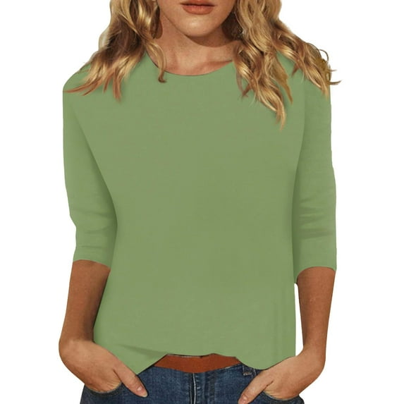 LinJis Women's Solid Color Round Neck 3/4 Sleeve Slim T Shirt Summer Casual Women Outdoor Daily Top Green L