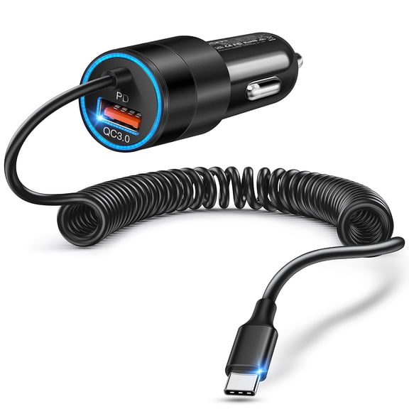 LinQingQ USB C Car Charger with Built-In Coiled Type C Cable, 38W Dual Port PD 3.0 and QC 3.0 Fast Charging Cigarette Lighter Adapter for iPhone 17 16 15, Galaxy S25 S24, Pixel 7