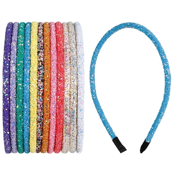 LinYooLi 12 Pieces 8mm Glitter Headbands for Women, Non Slip Elastic DIY Sparkle Hairbands for Girls Kids Teens Lady Soft Skinny Headband Cute Party Hair Accessories (Upgraded)