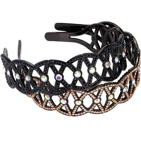 LinYooLi 2 Pack Fashion Rhinestone and Crystal Hard Headbands,1.4 inch Wide Non-slip Teeth Hairband for Women (Style1:navy blue+gold)