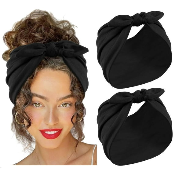 LinYooLi 2 Packs Black Bow Headbands for Women 7’’ Extra Wide Head Bands for Women’s Hair Non Slip Headwraps Workout Turban Hair Accessories
