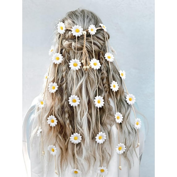 LinYooLi 2 Packs Daisy Flower Crown Headbands For Women Baby Girl, Sunflower Hippie Hair Accessories Fall Floral Crowns Hair Bands Handmade Bridal Headpiece Photo Props Party Vacation (White)