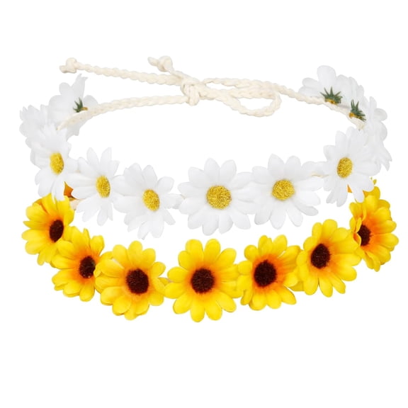 LinYooLi 2 Packs Daisy Flower Crown Headbands For Women Baby Girl, Sunflower Hippie Hair Accessories Fall Floral Crowns Hair Bands Handmade Bridal Headpiece Photo Props Party Vacation (White)