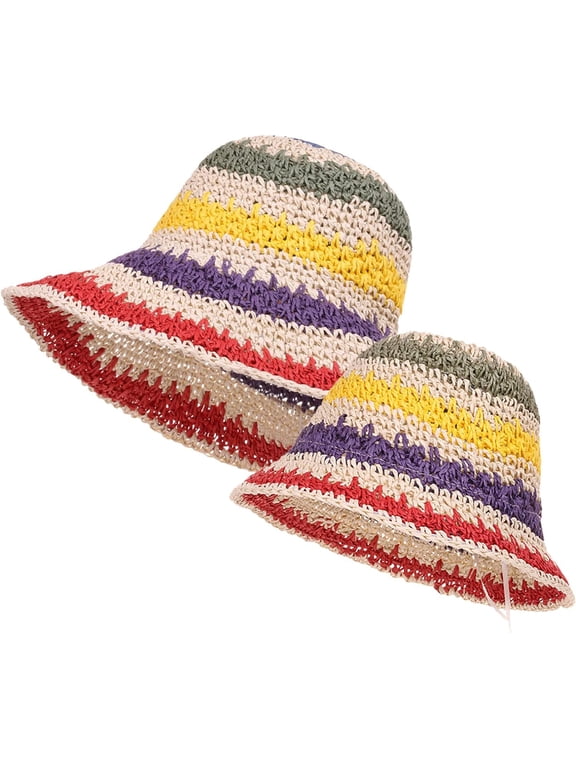 2 Pcs Parent-Child Colorful Striped Straw Hat Foldable Sun Hat Outdoor Travel Hat for Women Handmade Crochet Bucket Hat