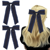 LinYooLi 2PCS Hair Bows for Women Girls Hair Ribbon Hair Bows With Long Tail Silky Satin Hair Bows and Ribbons Navy Tassel Hair Ribbon Bowknot Hair Clips Hair Accessories for Girl with Long Tail