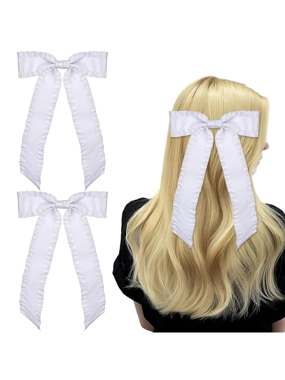 2PCS Hair Bows for Women Girls White Satin Bow Clip Hair Ribbon Hair Bows With Long Tail Silky Satin Hair Bows and Ribbons White Tassel Hair Ribbon Bowknot Vintage Hair Accessories for Women