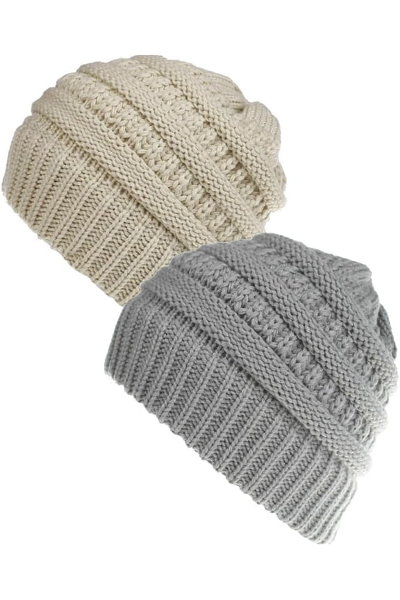 2PCS Ponytail Beanie for Women Cable Knit Messy High Bun Hat Warm Winter Hat Knitted Cap