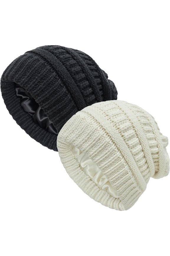 2PCS Satin Lined Winter Hat for Women Slouchy Beanie Warm Knit Skull Cap Ski Cap