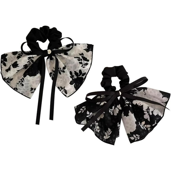 LinYooLi 4 Pack Hair Scarf Scrunchies,Floral Hair Scarf with Ribbon Bow,No Damage Hair Scrunchies with Bow Ribbon Hair Ties Ponytail Holders for Women/Girls/Teens(red,blue,black,white)