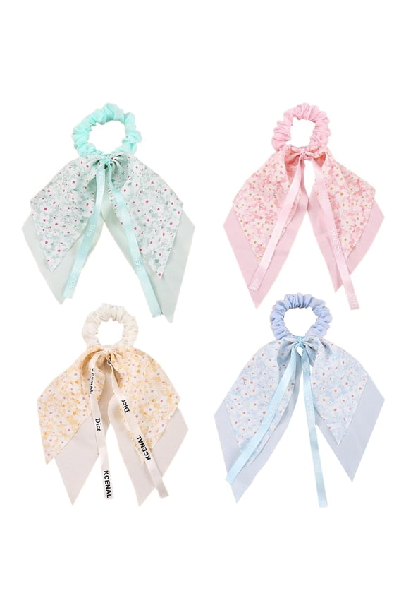 4 Pack Hair Scarf Scrunchies,Floral Hair Scarf with Ribbon Bow,No Damage Hair Scrunchies with Bow Ribbon Hair Ties Ponytail Holders for Women/Girls/Teens(red,blue,black,white)