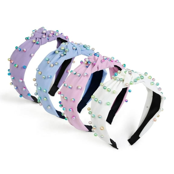 LinYooLi 4 Packs Pearl Headband Knotted Pearl Headbands for Women Girls Colorful Beaded Head Bands for Women’s Hair Cute Womens Turban Faux Pearl Top Knot Hairbands Birthday Hair Accessories