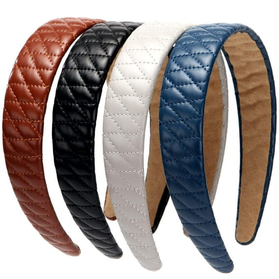 LinYooLi 4PCS Checked Leather Wide Hard Headband Padded Headband Non-slip Fashion Hairband for Girls and Women (Black+Brown+Blue+Gray)