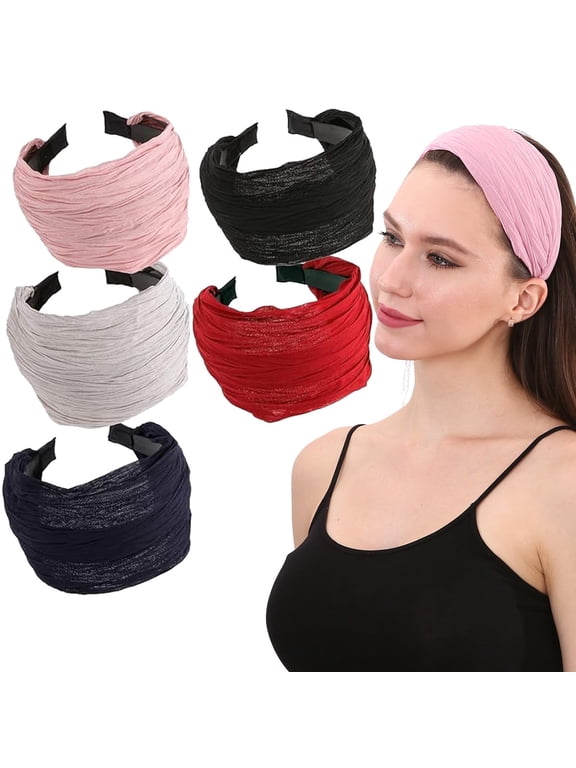 5 Pack Wide Hard Headband with Teeth for Women, Girls’s Hair Band Pleated Cloth Fabric Hair Hoop Accessories (Mixed colors A)
