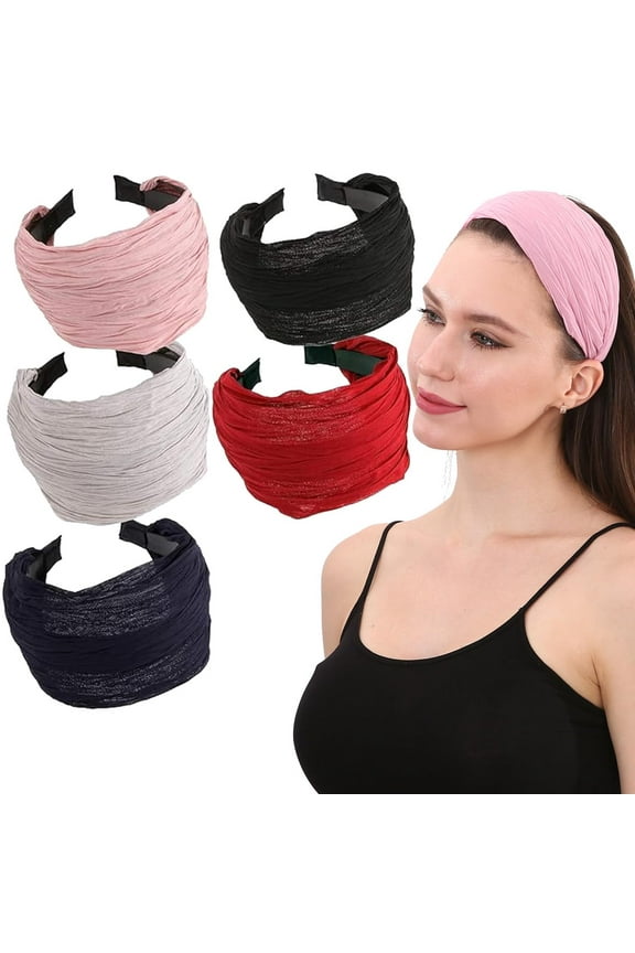 5 Pack Wide Hard Headband with Teeth for Women, Girls’s Hair Band Pleated Cloth Fabric Hair Hoop Accessories (Mixed colors A)
