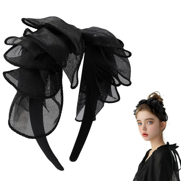 LinYooLi Black Bow Headband Knotted Headband for Women Girls,Solid Colors Gauze Lips Wide Headbands Twist Bow Turban Headwrap Rabbit Ears Hairband with Cloth Wrapped Headwear