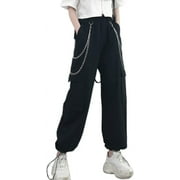 LinYooLi Black Cargo Pants for Women Techwear with Chain Gothic Harajuku Punk Streetwear E-Girl Grunge Y2k Alt Emo Clothing