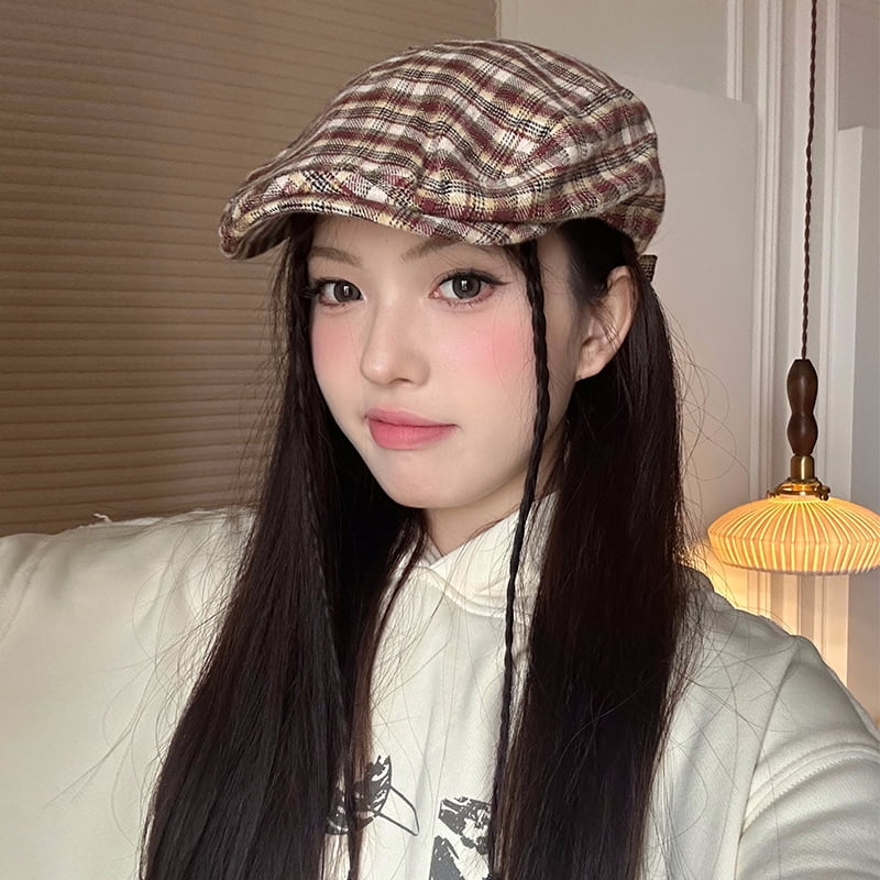 LinYooLi British Retro Checkered Front Hat Female Big Head
