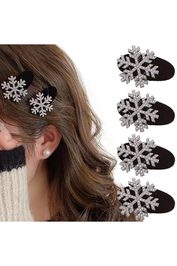 Christmas Snowflake Hair Clips, 4 Pcs Rhinestone Barrettes, Flocking Alligator Clips, Holiday Gift Set