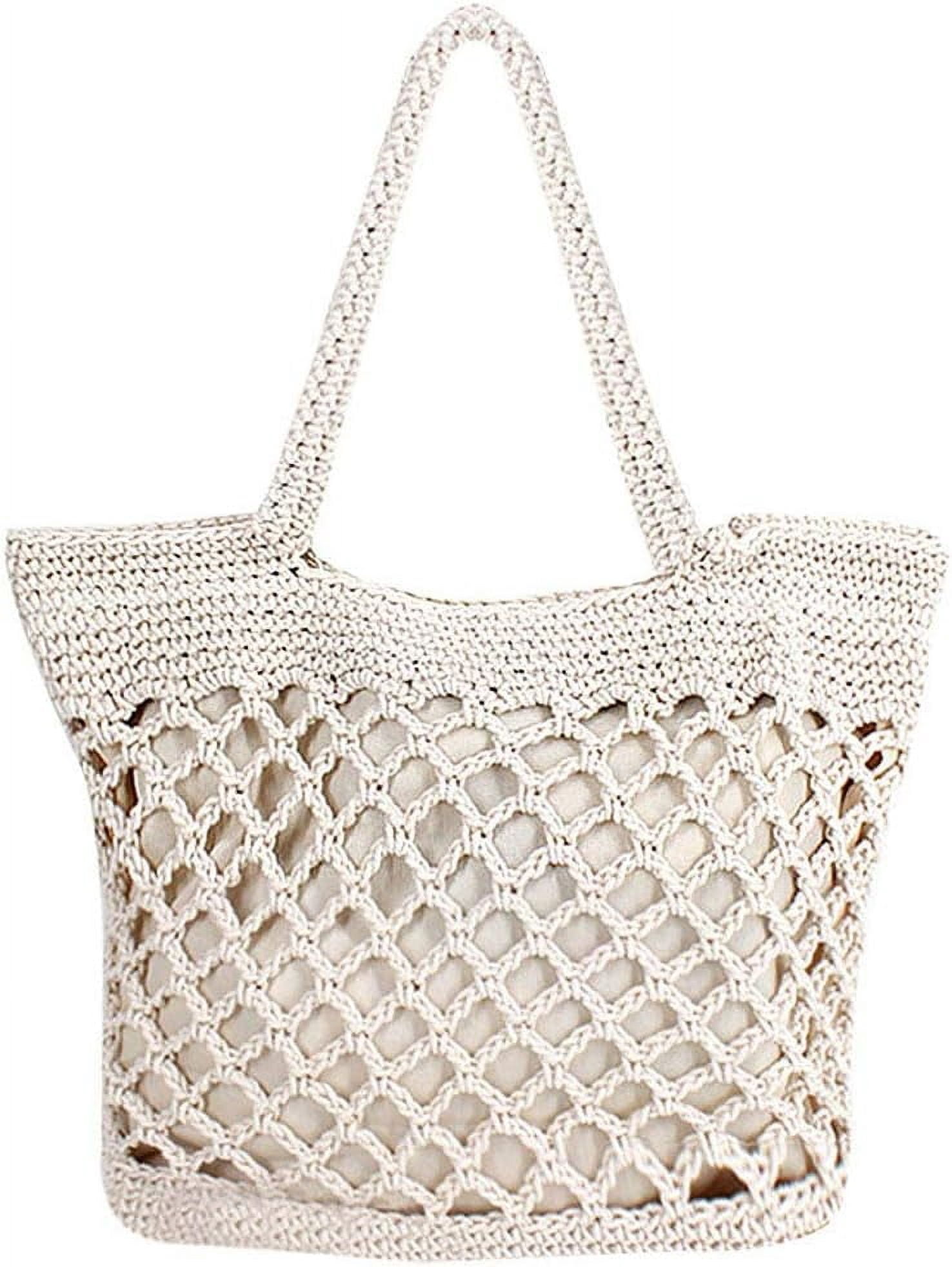 LinYooLi Cotton Crochet Beach Tote Bohemian Handmade Top Handle Bag Small Summer Boho Bag