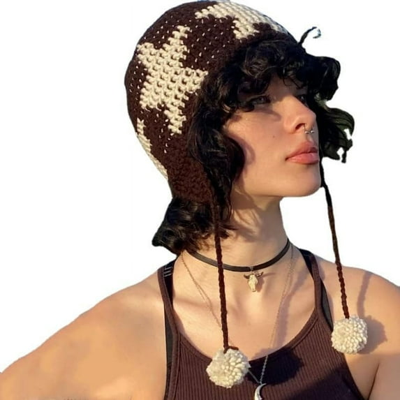 LinYooLi Crochet Hats for Women Stars Beanie Y2k Vintage Beanies Hat Grunge Accessories Emo Slouchy Warm Star Knitted