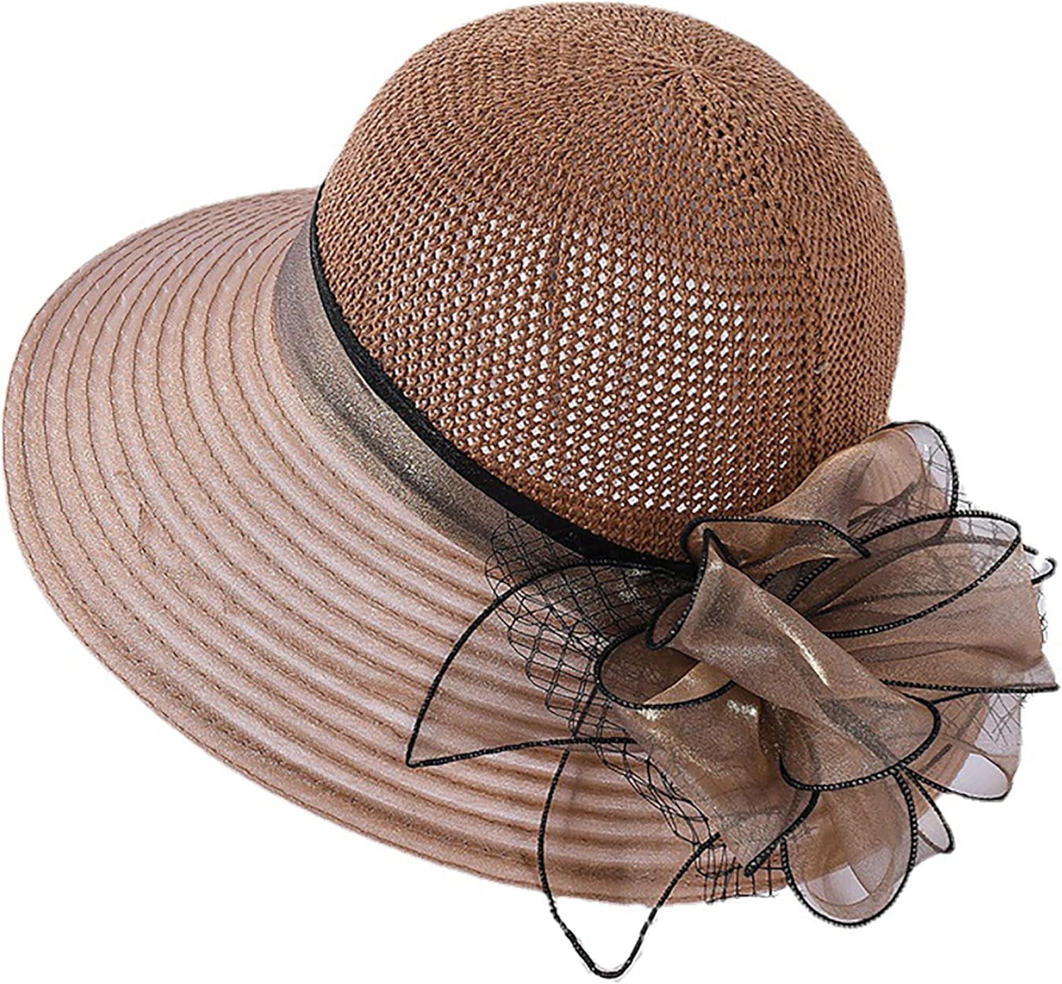 LinYooLi Crochet Organza Flower Straw Sun Hat for Women 