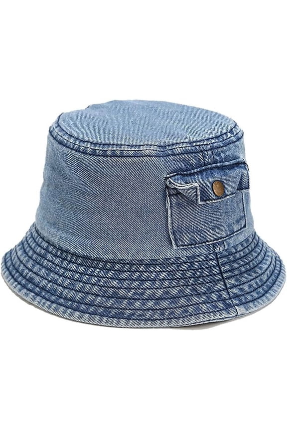 Denim Bucket Hat for Women Men Summer Beach Travel Wide Brim Sun Cap Pocket Shape Packable Hat