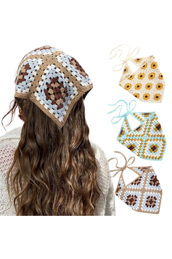 Floral Crochet Hair Bandanas Headscarf 3 PCS Women Hair Scarf Daisy Headband Vintage Head Kerchief for Girls (Light blue+Beige+Light coffee)