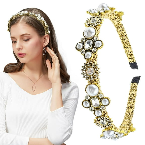 LinYooLi Gold Pearl Headband, Luxury Vintage Hair Bands for Women's Hair, Baroque Hair, Crystal Flower Hair Hoop with Beaded Hair Ties, Elastic Head Bands