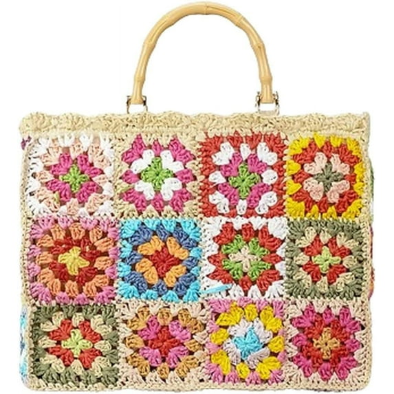 LinYooLi Granny Square Straw Beach Bag Women Knit Tote Handbag Top-handle Hobo Bags Crossbody Shoulder Purse Beach Bag 2024
