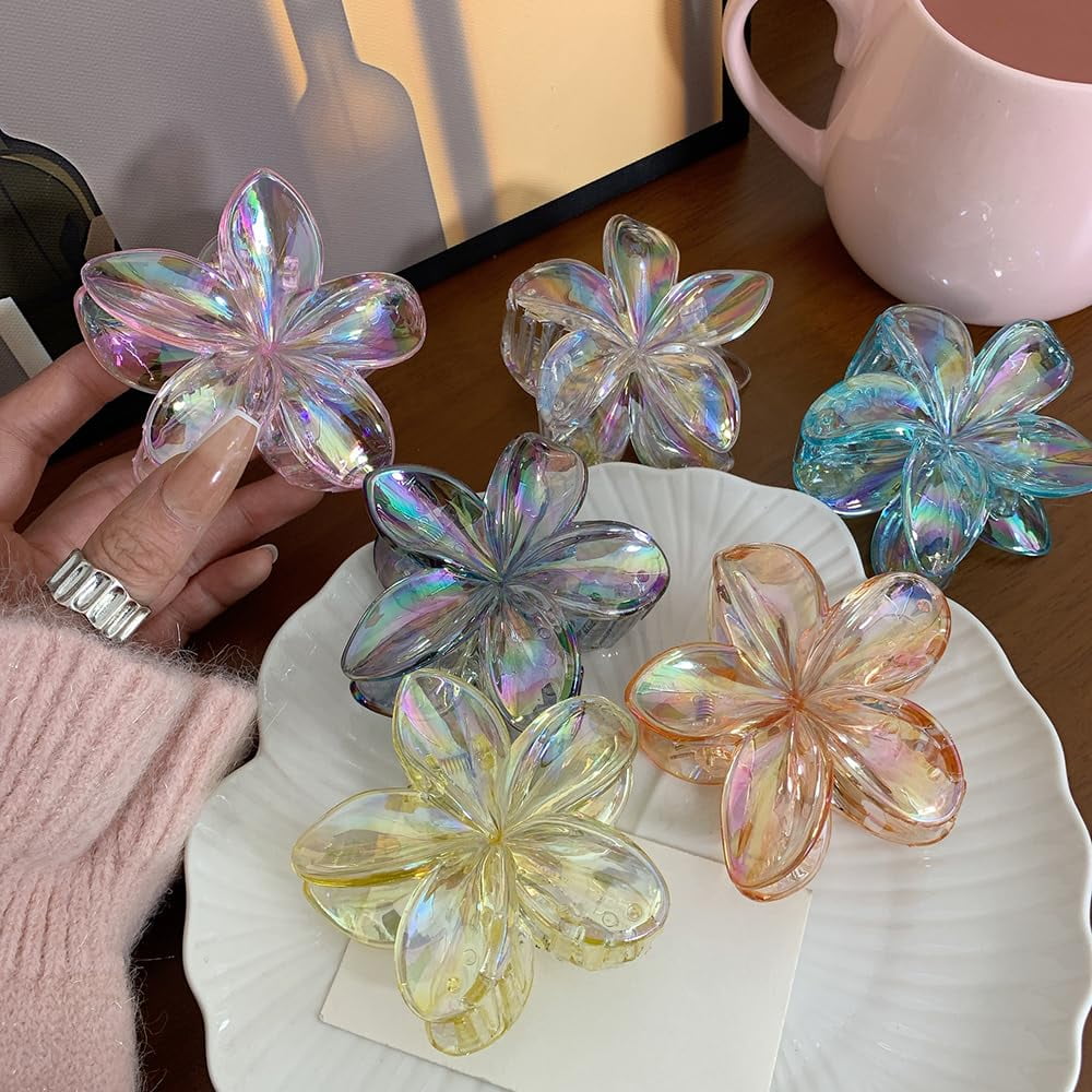 LinYooLi Hair Clip, 6PCS Colorful Clear Flower Claw Clips, Hawaiian Flower Hair Clips for Thick Hair, Beach Hair Accessories for Women and Girls