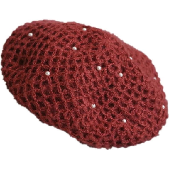 LinYooLi Hand Hook mesh Beret and Pearl Embellishment, Autumn and Winter Warm hat
