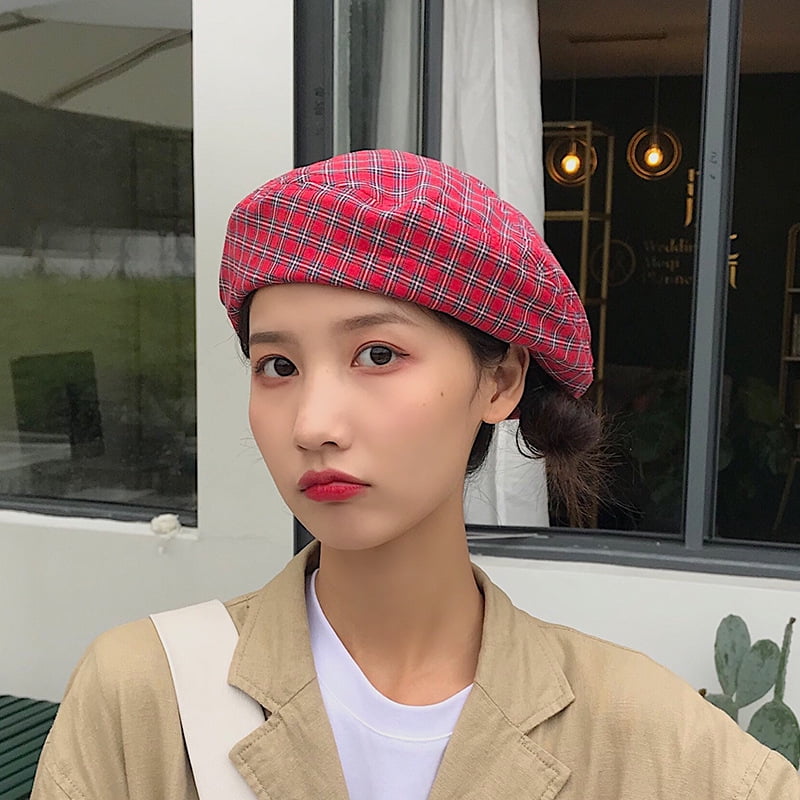 LinYooLi Hat Female Retro Grid Beret Hat Summer Thin piration Painter