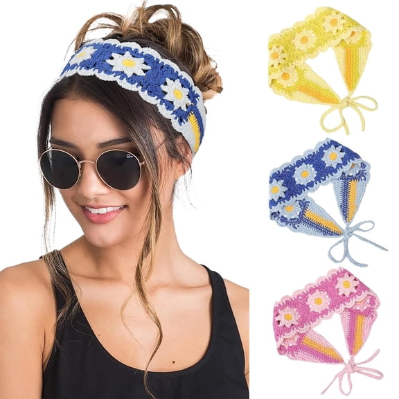 LinYooLi Hippie Hair Bandanas Headbands for Women Boho Headband Knit Hair Bands Floral Head Wrap for Girls(red+green+pueple)