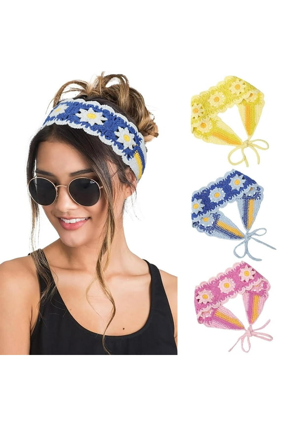 Hippie Hair Bandanas Headbands for Women Boho Headband Knit Hair Bands Floral Head Wrap for Girls(red+green+pueple)