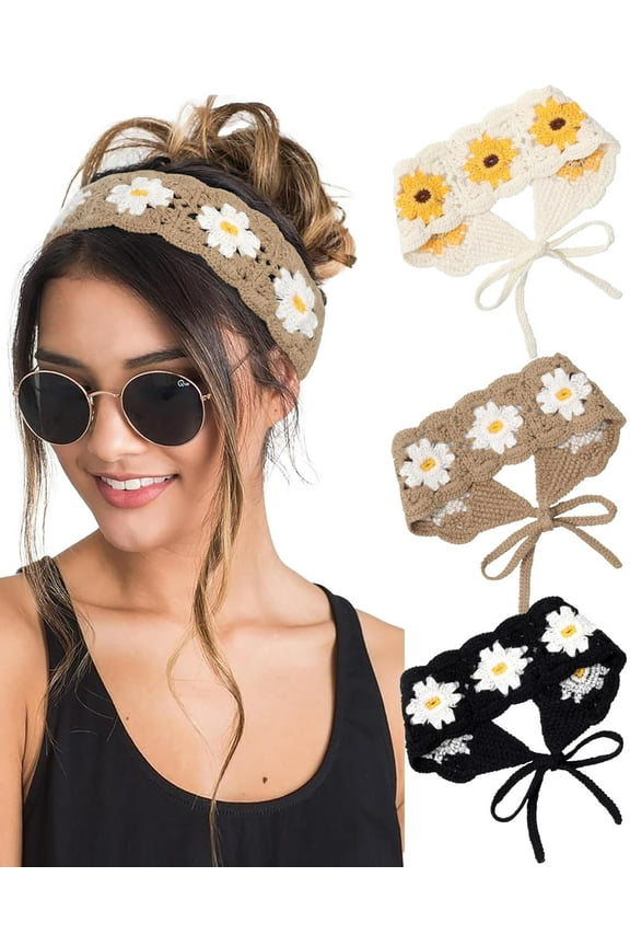 Hippie Hair Bandanas Headbands for Women Boho Headband Knit Hair Bands Floral Head Wrap for Girls(red+green+pueple)