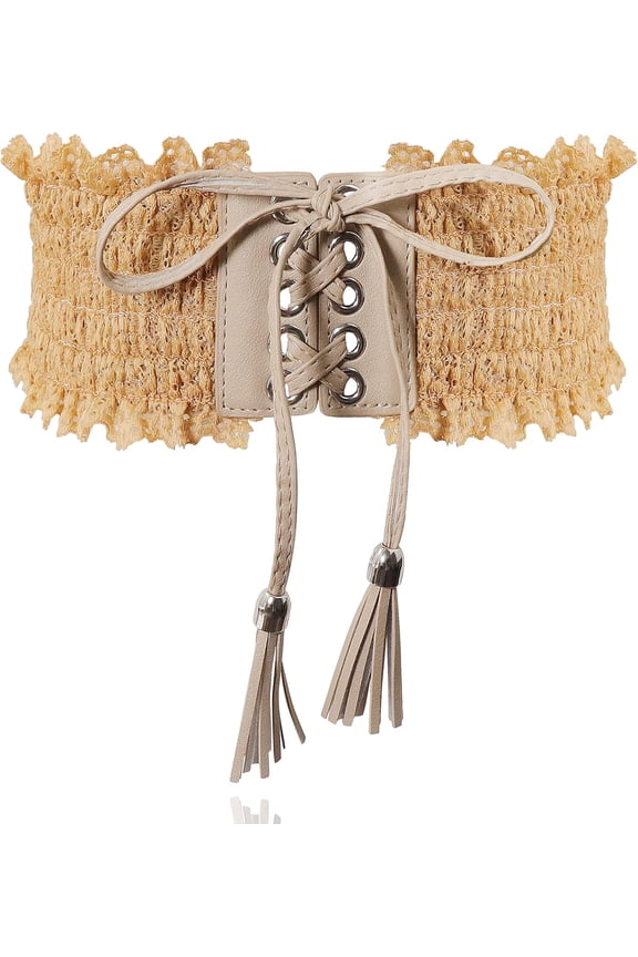 Lace Elastic Belt for Women,Adjustable Faux Leather Waist Belt,Tassel Obi Cinch Belt