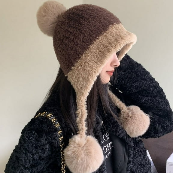 LinYooLi Little Bear Plush Hat Children's Winter Spliced Knitted Woolen Hat Outdoor Riding Ear Protection Baotou Lei Feng Hat Warm Hat