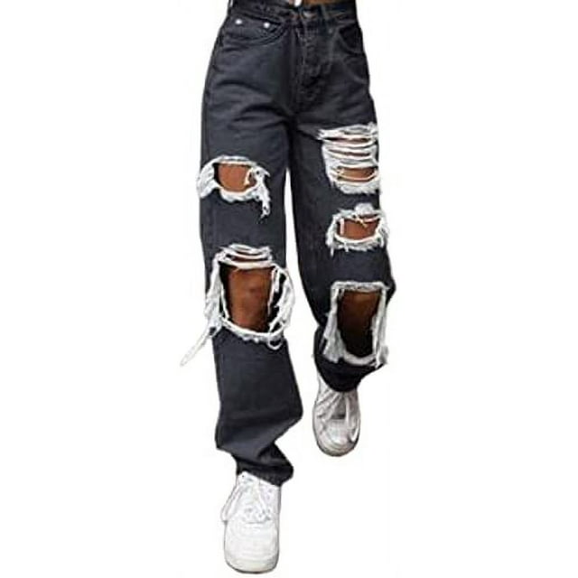 LinYooLi Loose Ripped Boyfriends Jeans High Waist Baggy Emo Pants Distressed Wide Leg Jeans Y2K