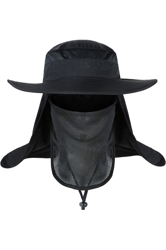 Men Wide Brim Sun UV Protection Sunhat with Removable Face Neck Flap Foldable Ponytail Fishing Hat