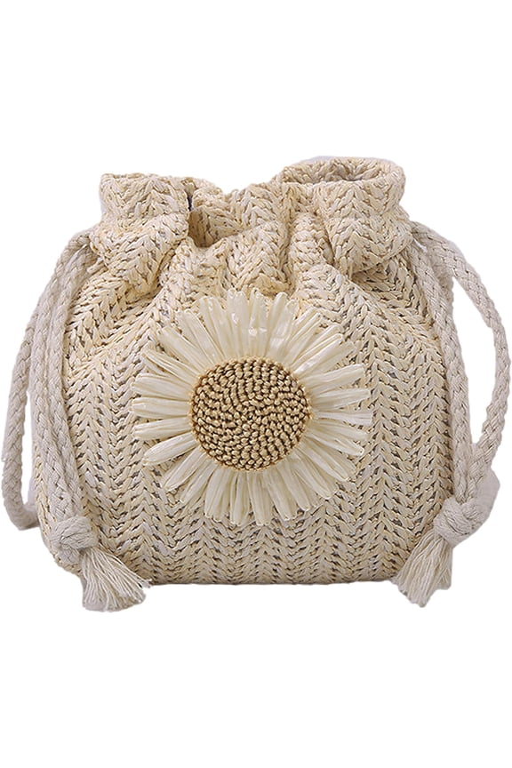 Mini Straw Crossbody Bag for Women Woven Beach Bag with Flower Cute Drawstring Handbag Coin Purse